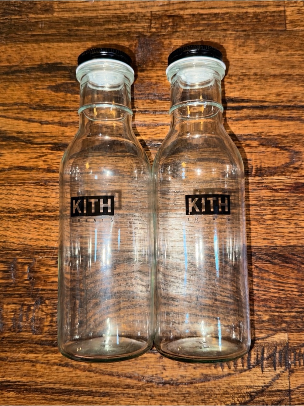 BUNDLE (2) KITH Treats NYC Exclusive Clear Glass Milk Bottle Black Cap Lid
